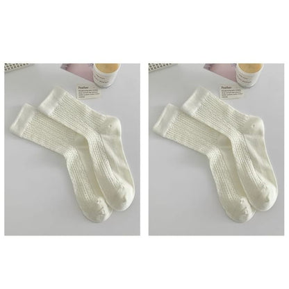 Plain Pointelle Knit Socks / Set - of 2 Pairs - White &