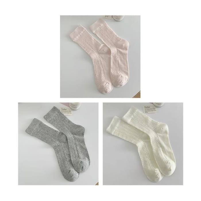 Plain Pointelle Knit Socks / Set - of 3 Pairs - Light Pink