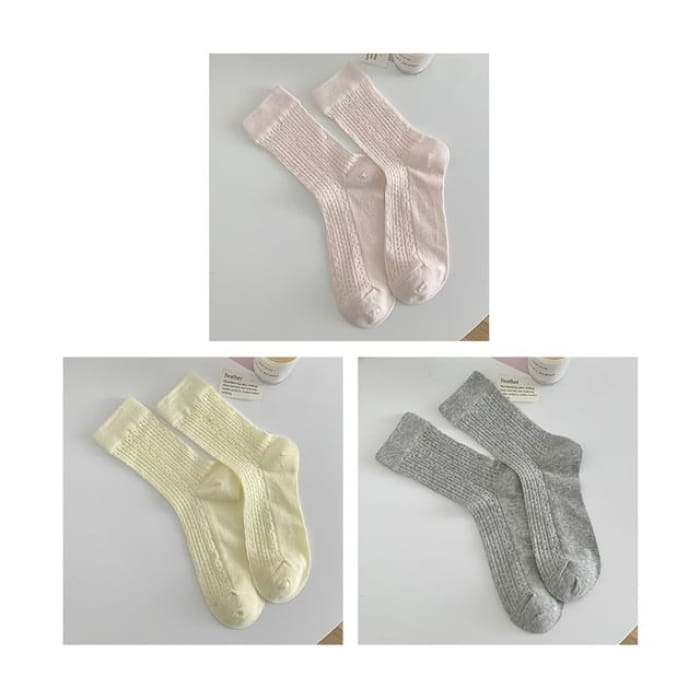 Plain Pointelle Knit Socks / Set - of 3 Pairs - Light Pink