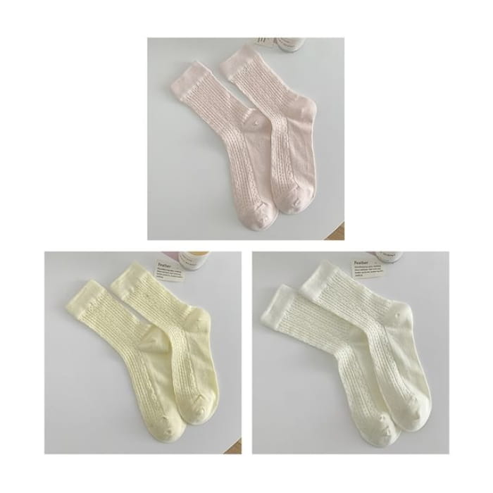 Plain Pointelle Knit Socks / Set - of 3 Pairs - Light Pink