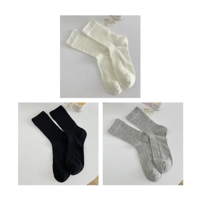 Plain Pointelle Knit Socks / Set - of 3 Pairs - White &