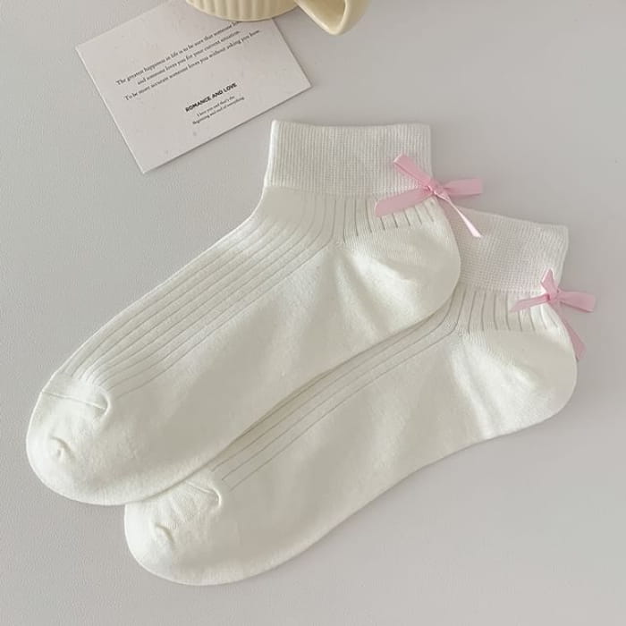 Plain Ribbed Bow Socks - Short Edition - Pink - White / 35