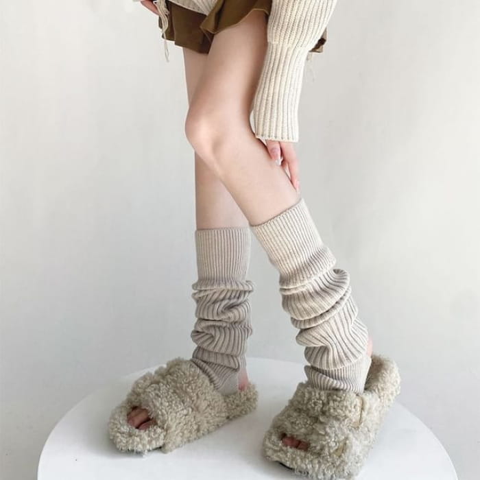 Plain Ribbed Leg Warmers - Beige / One Size