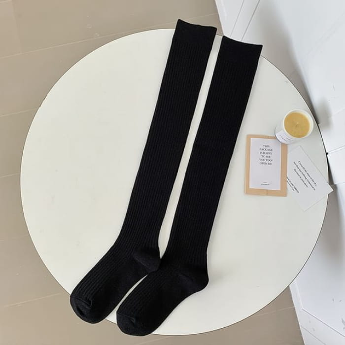 Plain Ribbed Over The Knee Socks / Set - 1 Pair - Black