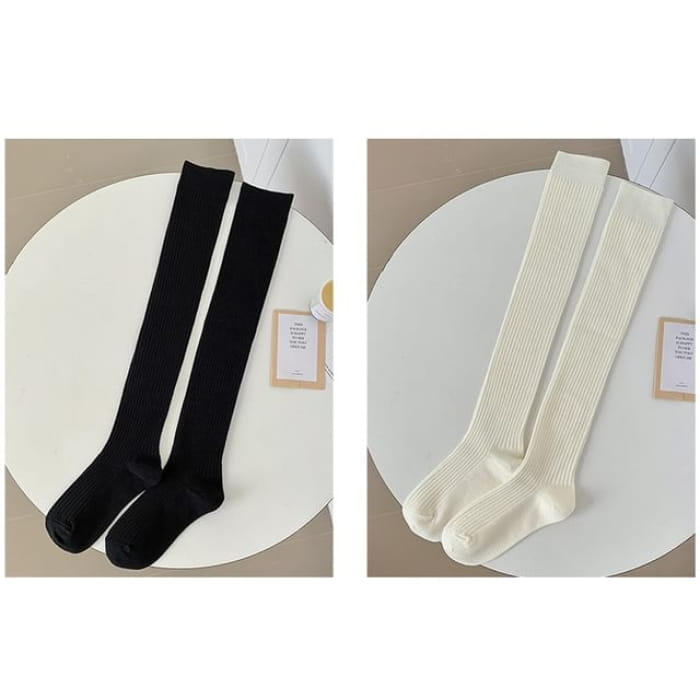 Plain Ribbed Over The Knee Socks / Set - of 2 Pairs - Black