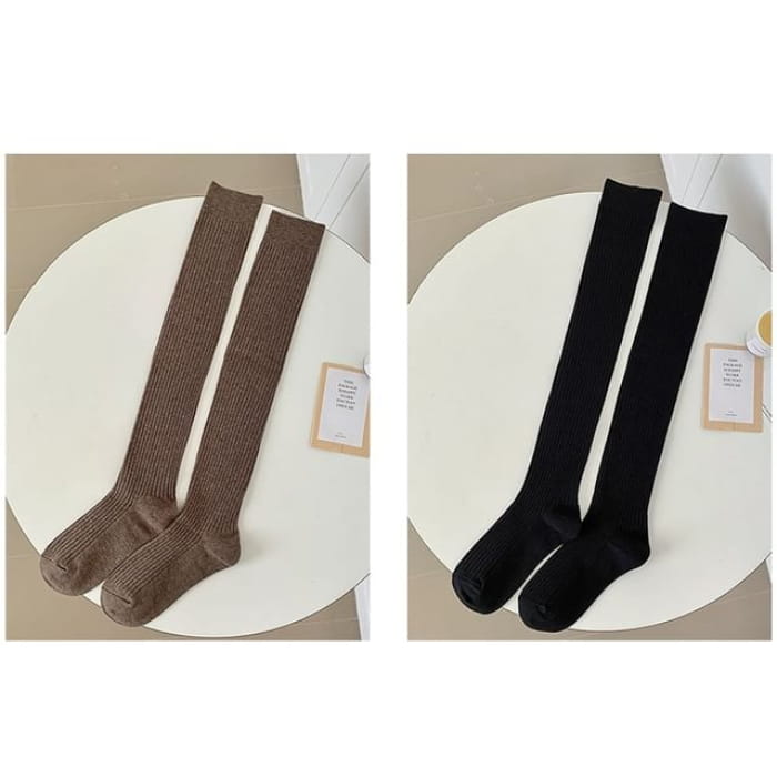 Plain Ribbed Over The Knee Socks / Set - of 2 Pairs - Dark