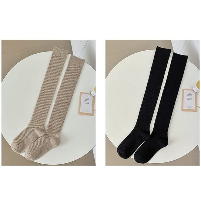 Plain Ribbed Over The Knee Socks / Set - of 2 Pairs - Light