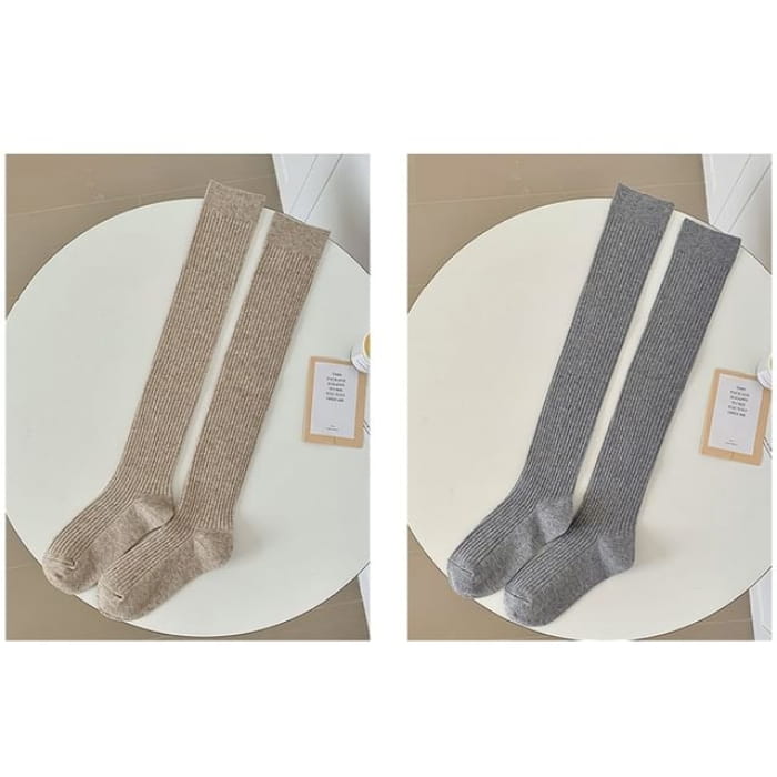 Plain Ribbed Over The Knee Socks / Set - of 2 Pairs - Light