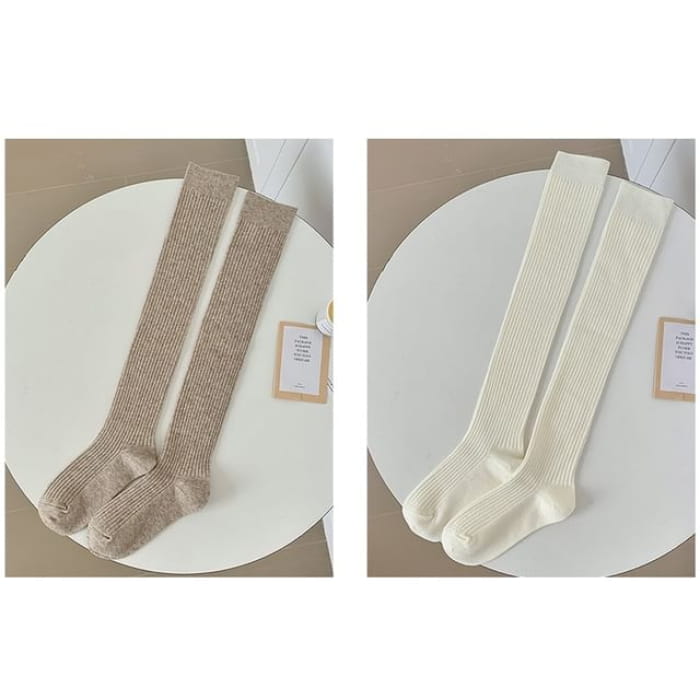 Plain Ribbed Over The Knee Socks / Set - of 2 Pairs - Light