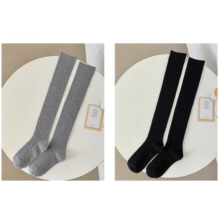 Plain Ribbed Over The Knee Socks / Set - of 2 Pairs - Light