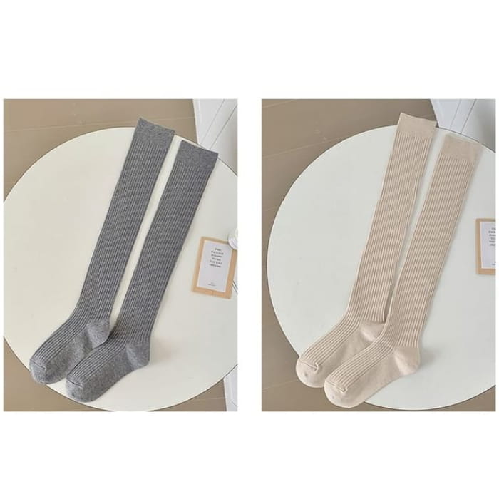 Plain Ribbed Over The Knee Socks / Set - of 2 Pairs - Light