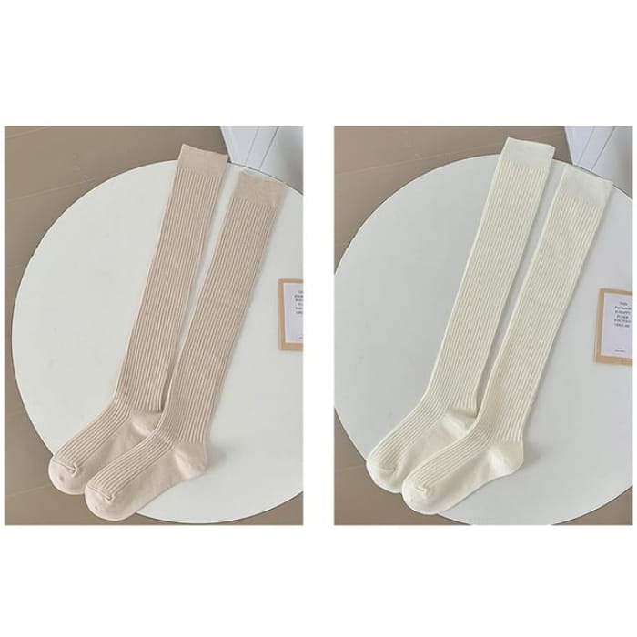 Plain Ribbed Over The Knee Socks / Set - of 2 Pairs