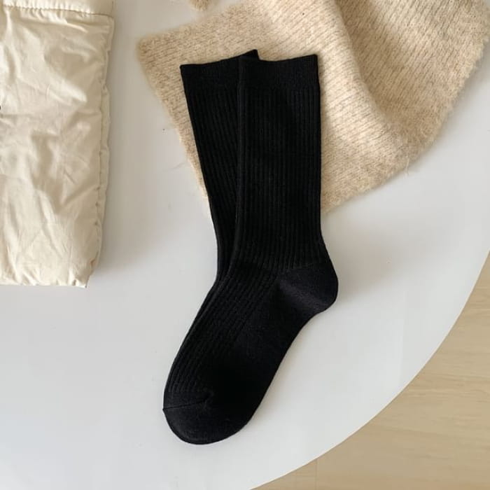 Plain Ribbed Short Socks Set - 2 Pairs - Black / One Size