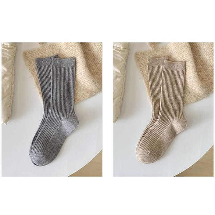 Plain Ribbed Short Socks Set - 2 Pairs - Light Gray &