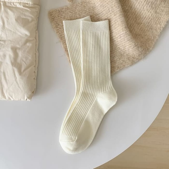 Plain Ribbed Short Socks Set - 2 Pairs - White / One Size