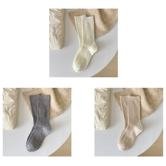 Plain Ribbed Short Socks Set - 3 Pairs - White & Light Gray