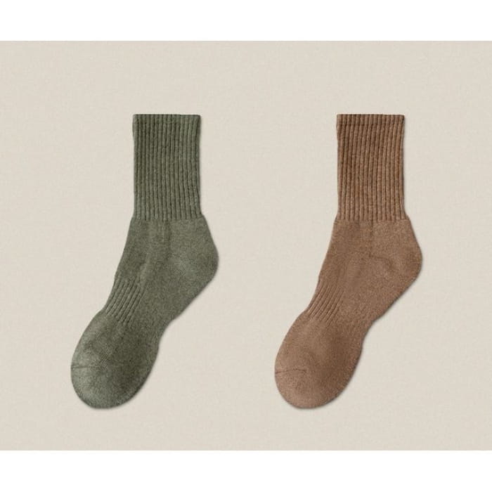 Plain Ribbed Socks / Set - Dark Green / Coffee / One Size