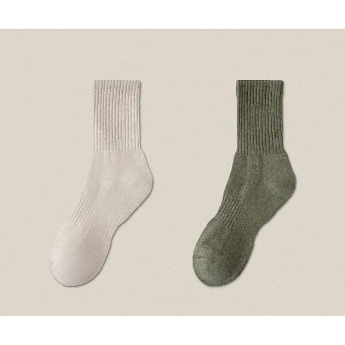 Plain Ribbed Socks / Set - Khaki & Dark Green / One Size