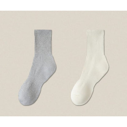 Plain Ribbed Socks / Set - Light Gray / Beige / One Size