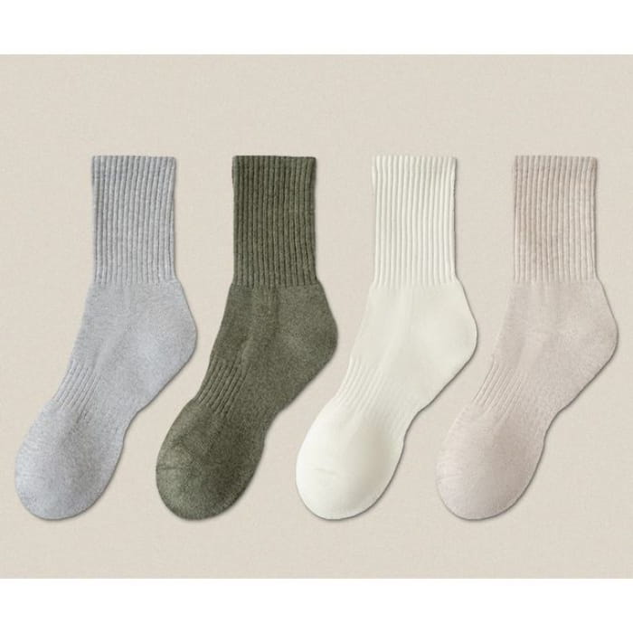 Plain Ribbed Socks / Set - Light Gray / Dark Green / Beige