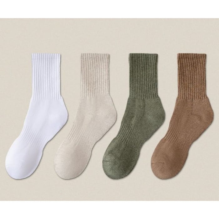 Plain Ribbed Socks / Set - White / Khaki / Dark Green