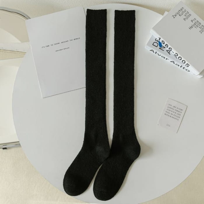 Plain Ribbed Tall Socks / Set - 1 pair - Black / One Size