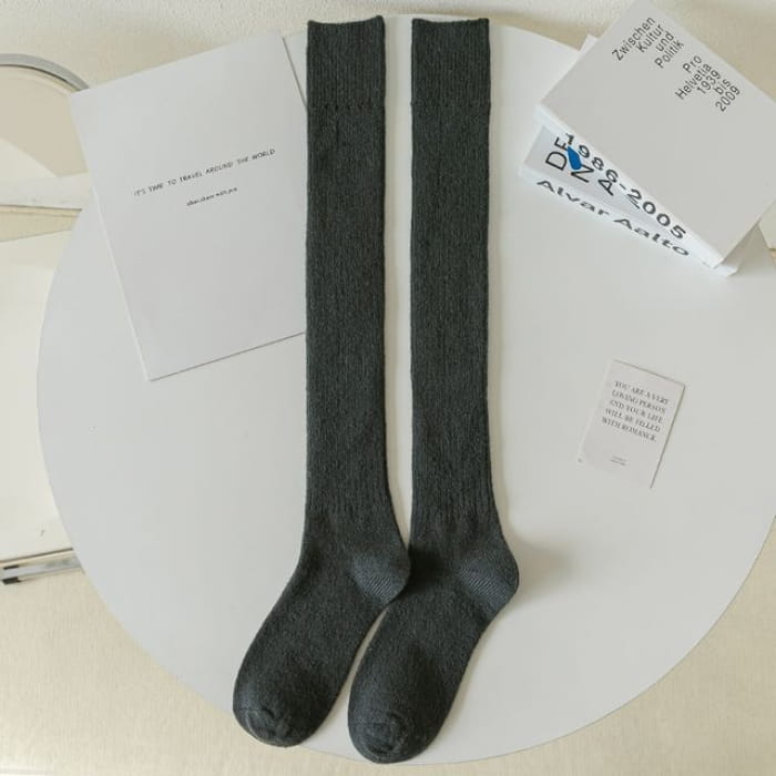 Plain Ribbed Tall Socks / Set - 1 pair - Dark Gray