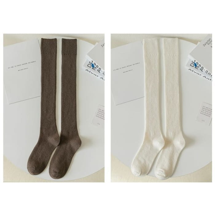 Plain Ribbed Tall Socks / Set - 2 pairs - Dark Coffee &