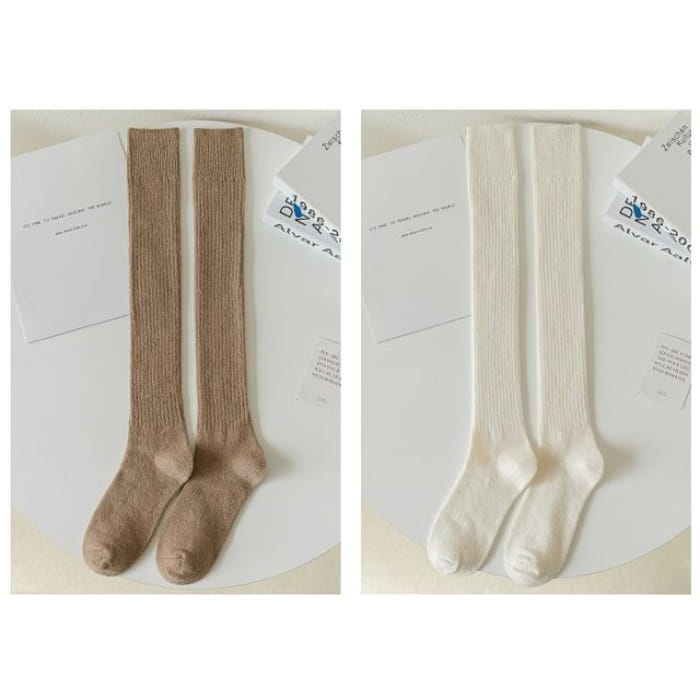 Plain Ribbed Tall Socks / Set - 2 pairs - Light Coffee &