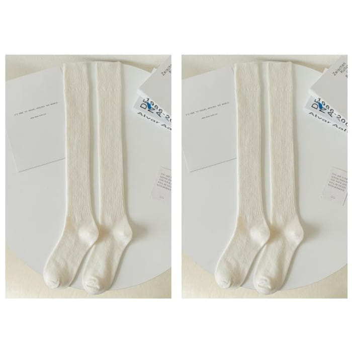 Plain Ribbed Tall Socks / Set - 2 pairs - White / One Size