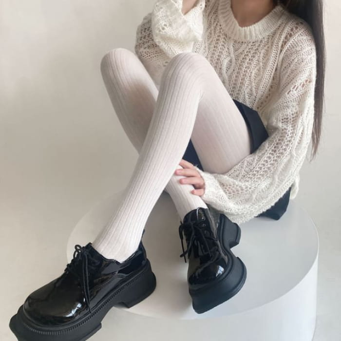 Plain Ribbed Tights - White / One Size