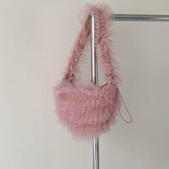 Plain Ruffle Mesh Shoulder Bag - Pink / One Size