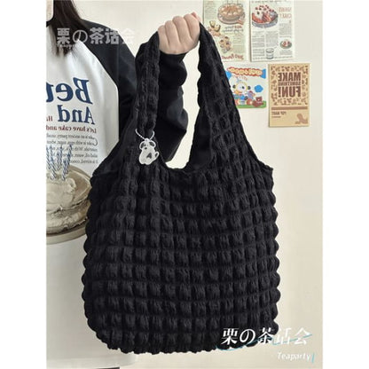 Plain Shirred Tote Bag / Charm / Set - Shoulder - Black