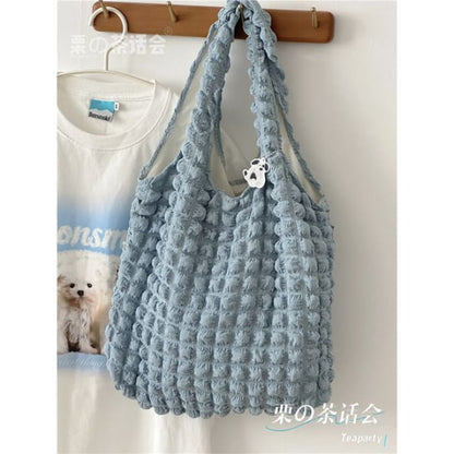 Plain Shirred Tote Bag / Charm / Set - Shoulder - Blue