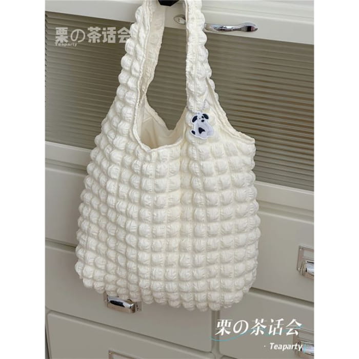 Plain Shirred Tote Bag / Charm / Set - Shoulder - Off-White