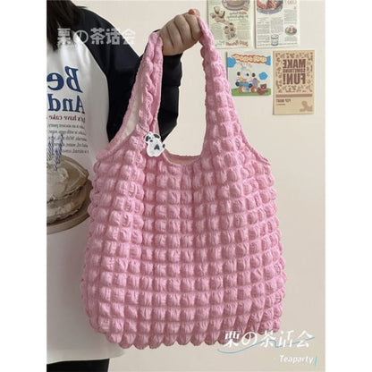 Plain Shirred Tote Bag / Charm / Set - Shoulder - Pink