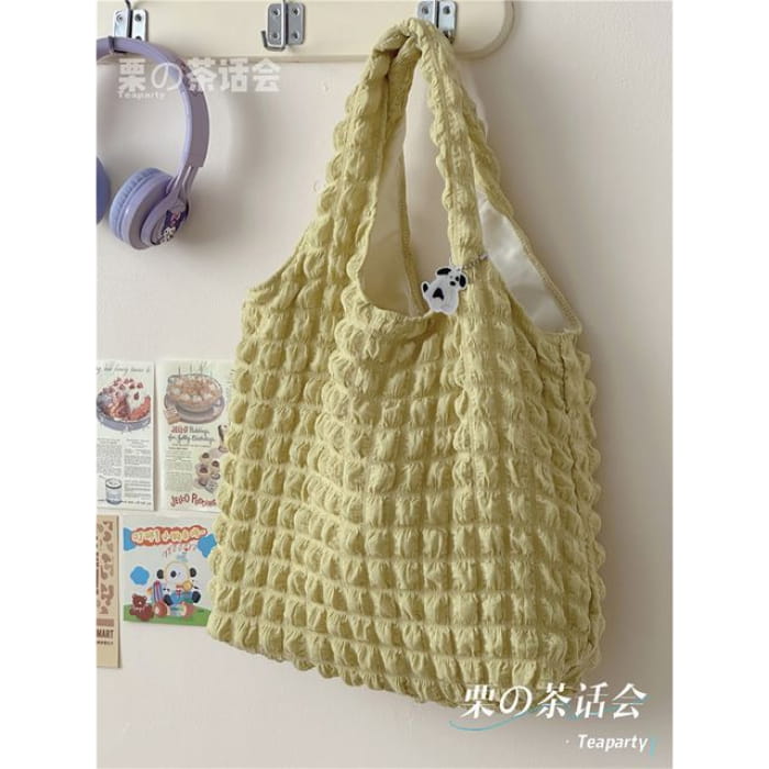 Plain Shirred Tote Bag / Charm / Set - Shoulder - Yellow