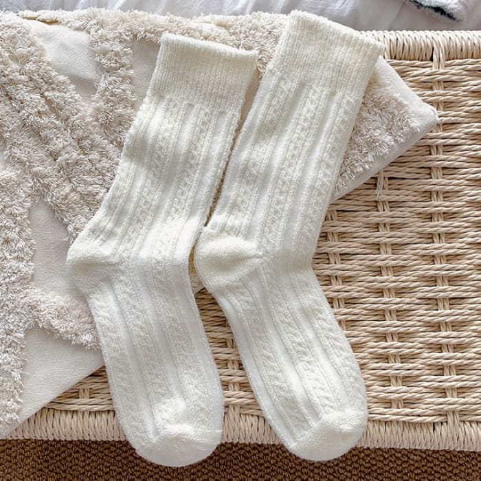 Plain Short Socks Set - 2 Pairs - Cable Knit - White