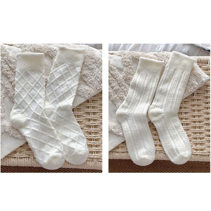 Plain Short Socks Set - 2 Pairs - Plaid & Cable Knit