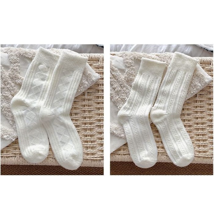 Plain Short Socks Set - 2 Pairs - Rhombus & Cable Knit