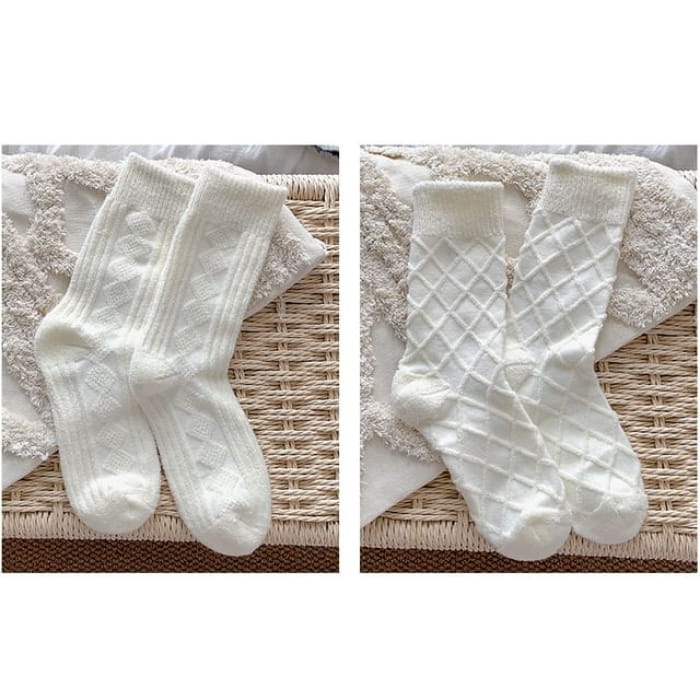 Plain Short Socks Set - 2 Pairs - Rhombus & Plaid - White