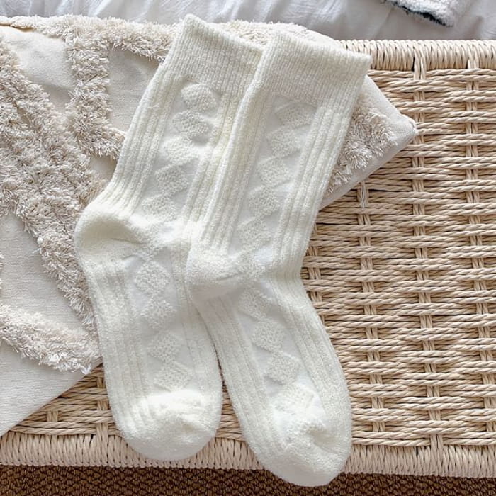 Plain Short Socks Set - 2 Pairs - Rhombus - White / One Size