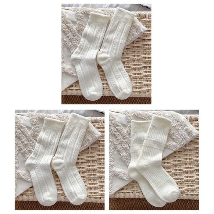 Plain Short Socks Set - 3 Pairs - 2 Cable Knit & 1 Fence