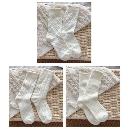 Plain Short Socks Set - 3 Pairs - Plaid & Cable Knit Fence