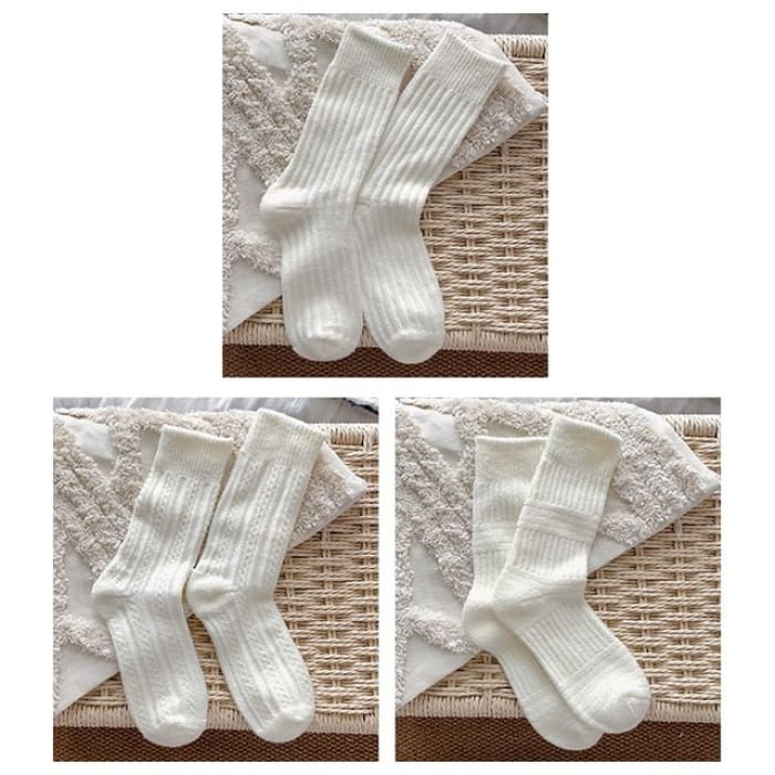 Plain Short Socks Set - 3 Pairs - Vertical Stripes & Cable