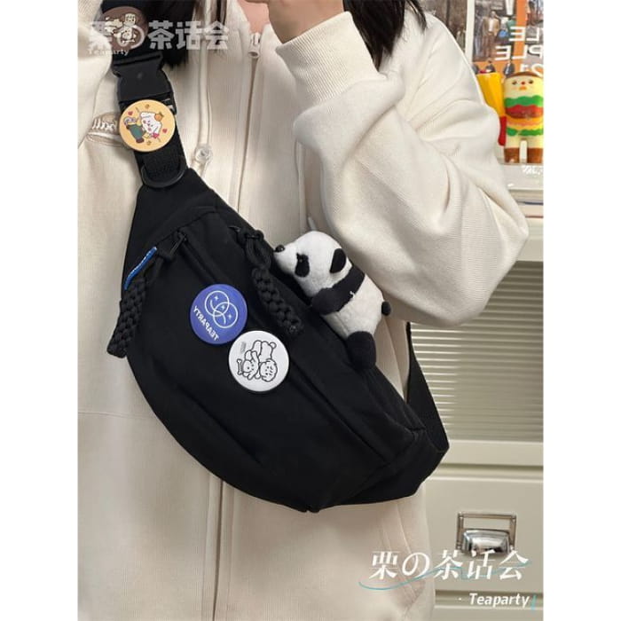 Plain Sling Bag / Badge / Charm / Set - With Panda - Black