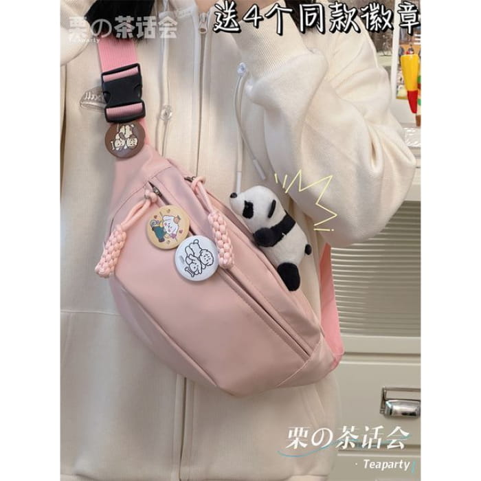 Plain Sling Bag / Badge / Charm / Set - With Panda - Pink