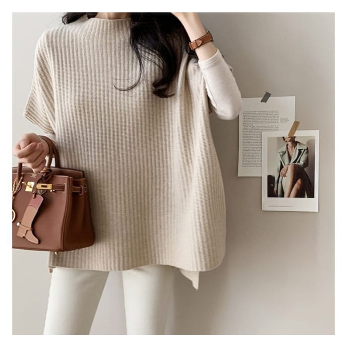 Plain Slit Ribbed Knit Poncho