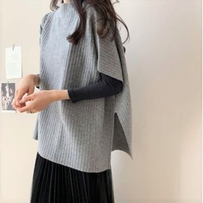 Plain Slit Ribbed Knit Poncho