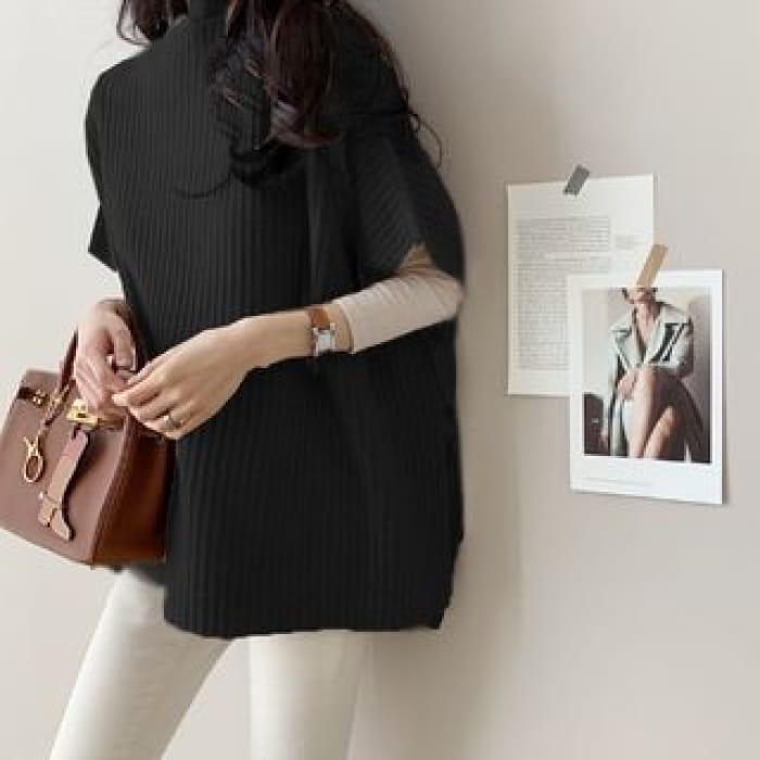 Plain Slit Ribbed Knit Poncho - Black / One Size